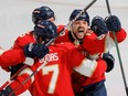 Panthers winger Sam Reinhart celebrates his overtime goal against the Maple Leafs in a second-round payoff series matchup on May 7, 2023, at Sunrise, Fla.