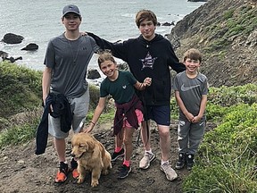 Undated handout photograph of the sports-loving Celebrini kids. Macklin, 18, will be the fist overall NHL draft on June 28 in Vegas and Aiden, 19, was drafted by the Canucks last year. Charlie, 15, is a world traveller and rising star with Tennis Canada's junior women's program, and R.J., 11, is a rising minor hockey player.