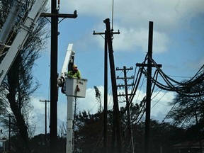 Electricians work on power lines in the aftermath of the Maui wildfires in Lahaina, Hawaii, on Aug. 16, 2023.