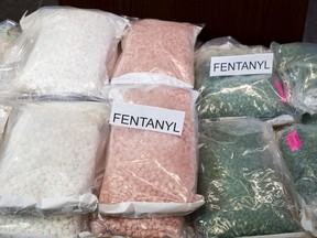 Seized Fentanyl is displayed during a press conference at BC RCMP Divisional Headquarters in Surrey, B.C., Friday, Feb. 23, 2024.