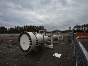 An Indigenous group that opposed the construction of the Coastal GasLink pipeline is urging banks and investors not to help finance a proposed second phase of the project. The terminus for the Coastal GasLink natural gas pipeline is seen at the LNG Canada export terminal under construction in Kitimat, B.C., Wednesday, Sept. 28, 2022.