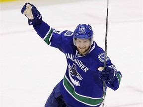 Alex Edler had his scoring moments for the Canucks, including this 2015 celebration against the Coyotes, but his longevity as a 2004 third-round pick was his lasting mark.