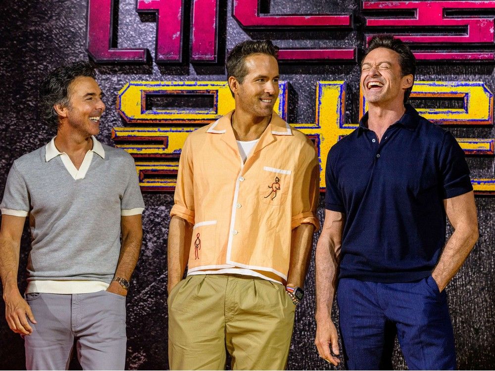  left to right: deadpool & wolverine director shawn levy and the film’s stars ryan reynolds and hugh jackman have been on a world press tour to promote the movie which opens july 26.