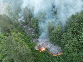 An out-of-control wildfire burns near Wahleach Lake in southern British Columbia in this recent handout photo.