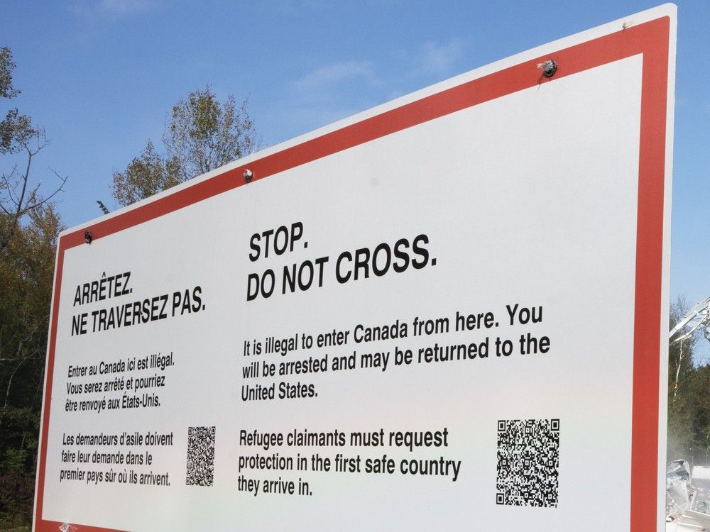  this sign was posted at the land border in eastern canada. but now most asylum seekers arrive at canada’s airports. they come legally with study or travel visas and, afterwards, make their claims.