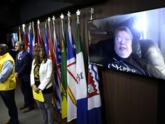 Chief Dsta'hyl of the Wet'suwet'en Nation appears via video conference from his home as he is under house arrest, as he is announced by Amnesty International as Canada's first-ever prisoner of conscience, during a news conference in West Block on Parliament Hill in Ottawa, on Wednesday, July 31, 2024. The announcement marks the first time that Amnesty has declared a person held in Canada as a prisoner of conscience.