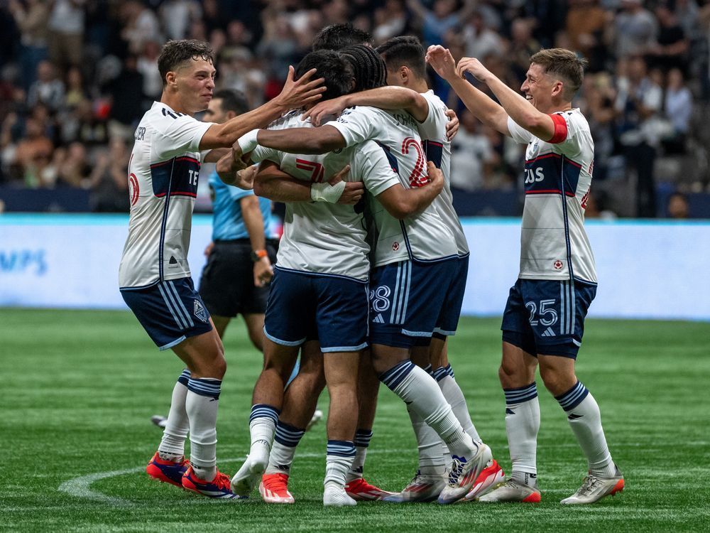 Vancouver Whitecaps players celebrate after scoring a goal against St. Louis City during the second half of an MLS soccer match in Vancouver, B.C., Saturday, June 29, 2024. The Vancouver Whitecaps snuck out a victory on penalties against MLS rival Los Angeles FC on Tuesday in Leagues Cup play.