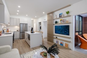 A one-bedroom show suite at Jericho Park features the Willow (light) interior palette.