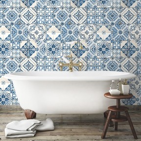 Blue Mediterranean peel-and-stick tiles.