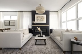 The Wadams Farm show home features a spacious living room with modern farmhouse style.