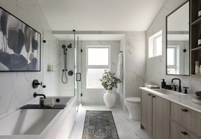 In the bathrooms, black fixtures continue the farmhouse style.