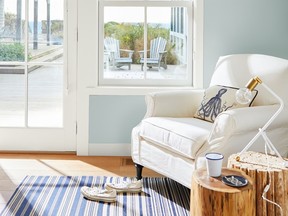 Benjamin Moore's Ocean Air paint colour makes the perfect coastal-inspired backdrop in this fresh space.