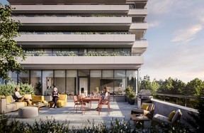 The open space that connects the two towers in Phase 1 of BridgeCity features a shared amenity space that includes a gym, yoga and dance studio, indoor and outdoor lounge and wellness centre.