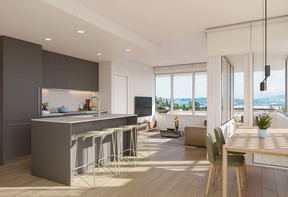 The condos use a colour scheme that creates a clean and neutral palette, with various kitchen cabinetry choices.