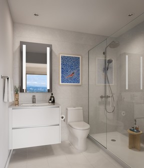 The bathroom puts a strong emphasis on maximizing storage space.