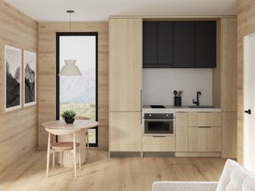 For a modular home-design on Salt Spring Island, interior designer Jamie Banfield used a small kitchen sink with a drain at the back, which created space to install a single-drawer dishwasher underneath it.