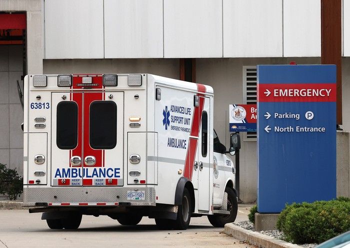 An ambulance pulls in to Sarrey Memorial Hospital.