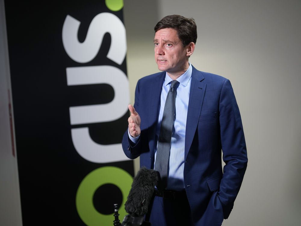 B.C. NDP Leader David Eby speaks to reporters after a leaders debate at radio station CKNW, in Vancouver, on Wednesday, October 2, 2024.