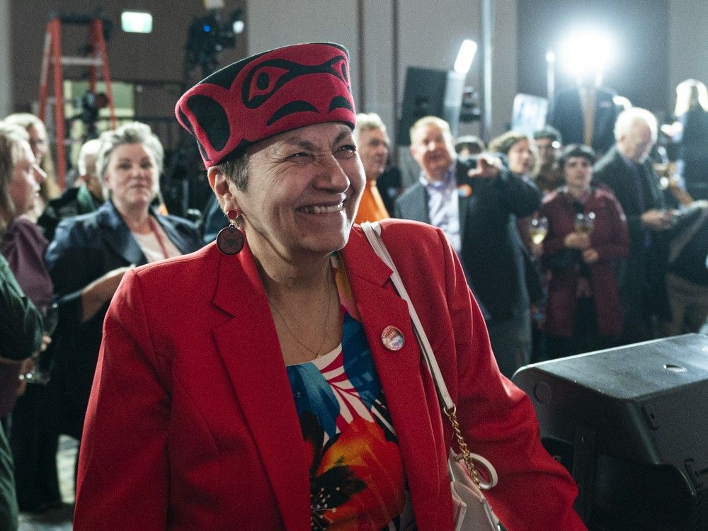Joan Phillip watches election results at NDP party headquarters in Vancouver, BC, October, 19, 2024. 