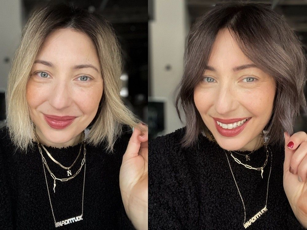 A blonde to brunette transformation: Nadia Albano embraces 'espresso martini' hair colour for 2025.  