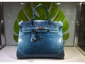 A limited-edition crocodile Hermes Birkin 35 with palladium hardware is displayed at Christie's in New York on June 20, 2017.