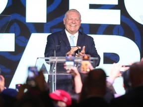 Ontario Premier Doug Ford gives his acceptance speech at the Toronto Congress Centre on Thursday evening.