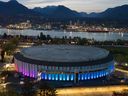 The PNE has added a new lighting system to the exterior of the Pacific Coliseum so that it can be lit up in varying colours for special events.