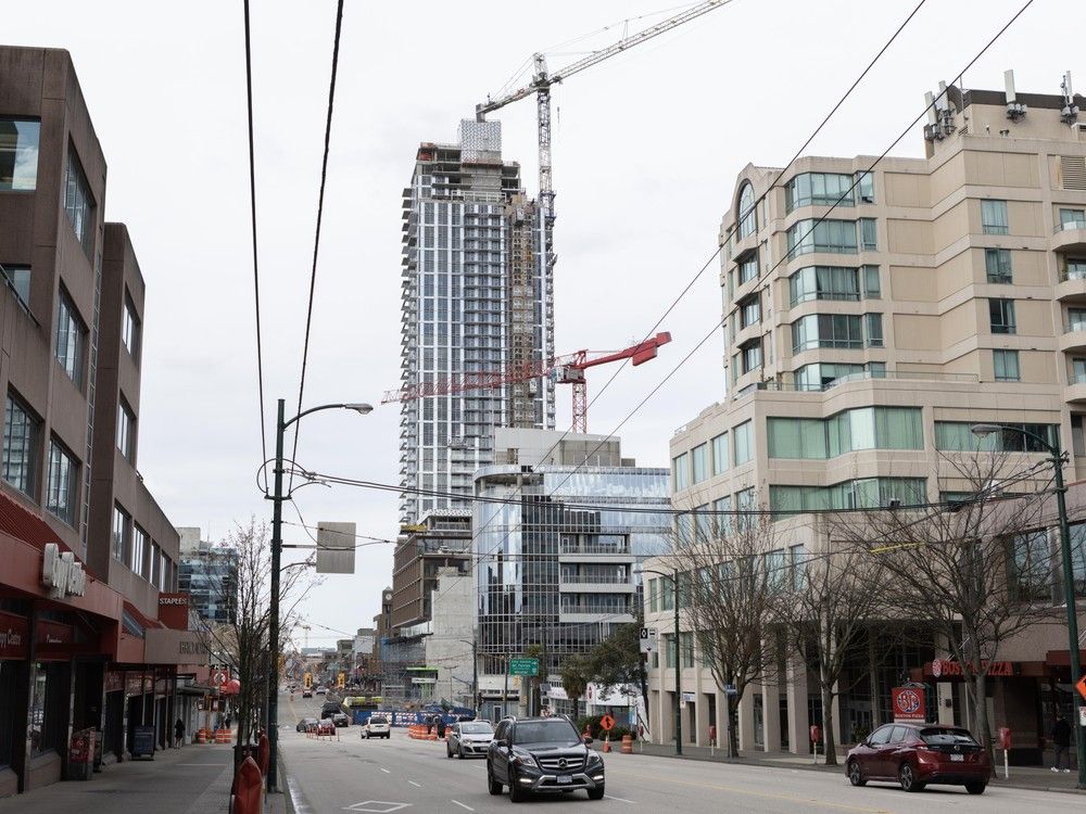 Construction of a tower at Broadway and Granville along the Broadway corridor on April 3, 2024. Construction of a tower at Broadway and Granville along the Broadway corridor on April 3, 2024.
