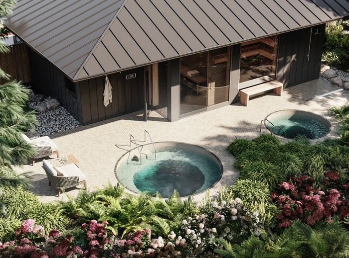 The building’s C-shape creates a central courtyard with a big outdoor kitchen, a sunken fire pit and a Nordic-inspired spa that will include a steam room, sauna, an outdoor hot tub and cold plunge pool.