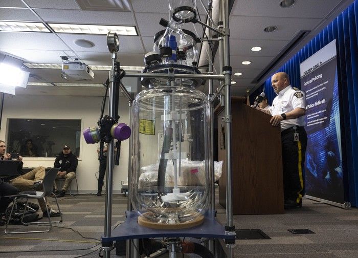  RCMP Assistant Commissioner David Teboul addresses the media in Surrey in April as the RCMP exhibit lab equipment, including finished product from three illicit fentanyl labs.