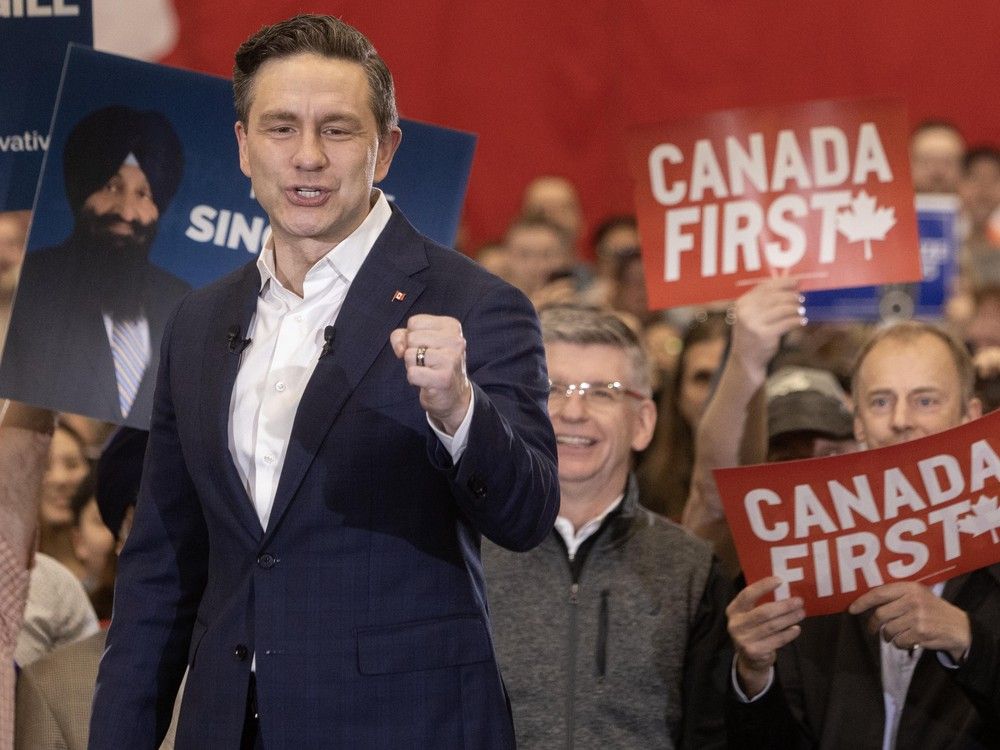  conservative leader pierre poilievre holds a rally in surrey on mar. 27