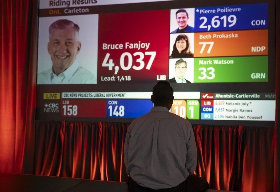 An NDP supporter watches election results while waiting for leader Jagmeet Singh at the NDP Headquarters in Burnaby. An NDP supporter watches election results while waiting for leader Jagmeet Singh at the NDP Headquarters in Burnaby.