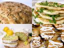 Clockwise from left: Garlic and rosemary focaccia bread; Homemade garlic naan; Zucchini olive oil loaf with crunchy lemon glaze and Pumpkin pie muffins.
