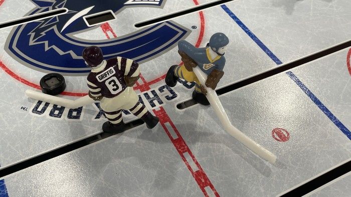 Each player in the British Columbia Historical Classic bubble hockey game has their name and number on the back of their uniform. This is Vancouver Millionaires defenceman Frank Griffis and Victoria Cougars forward Haldor Halderson. Courtesy of Robert O’Connor. Each player in the British Columbia Historical Classic bubble hockey game has their name and number on the back of their uniform. This is Vancouver Millionaires defenceman Frank Griffis and Victoria Cougars forward Haldor Halderson. Courtesy of Robert O’Connor.