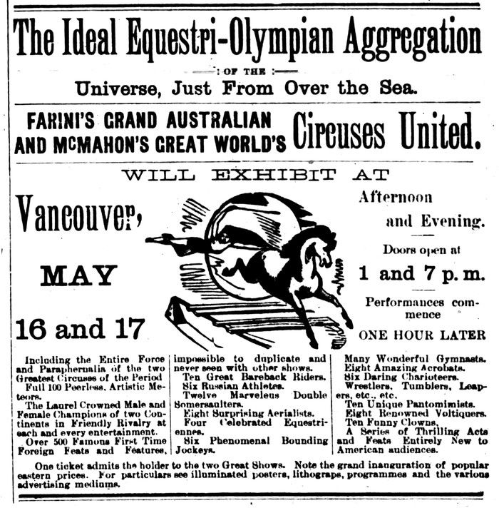   McMahon's Circus Ad dans le 12 mai 1889 Vancouver Daily News-Aadvertise, alors qu'il s'agissait d'une combinaison du grand Austrlian de Fahrini et des grands cirques mondiaux de McMahon.