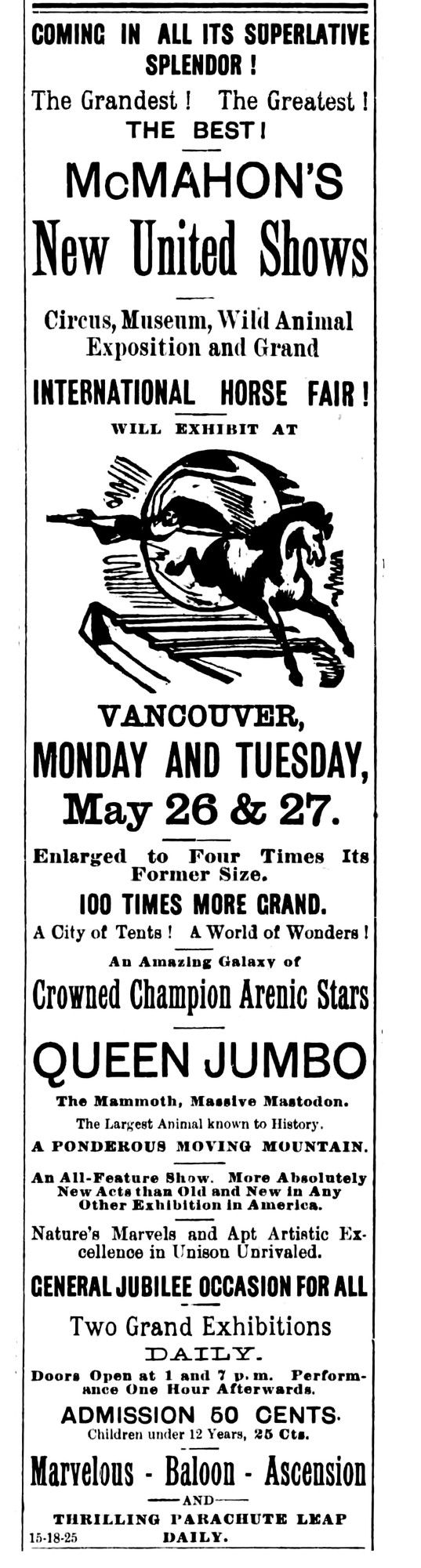   McMahon's Circus Ad dans le 25 mai 1890 Vancouver Daily News-Aadvertiser.