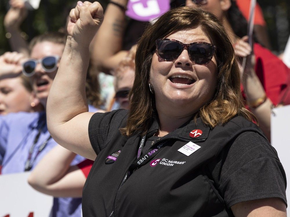  b.c. nurses’ union president adriane gear speaks at a recent rally in vancouver.