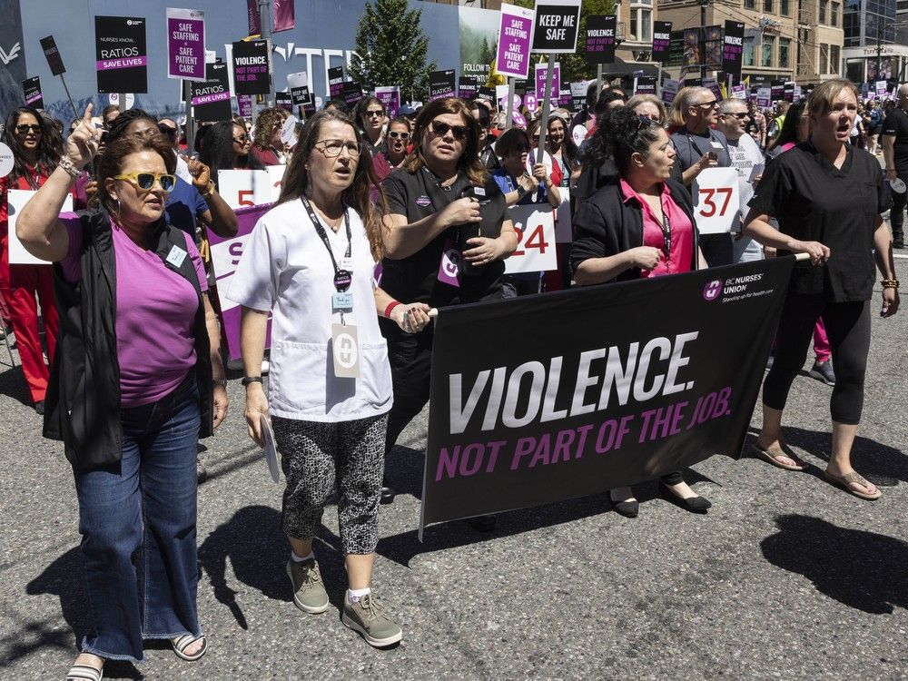  B.C. nurses march for safer working conditions in downtown Vancouver on May 28, 2025.