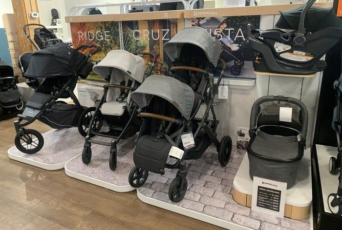 A line of strollers at West Coast Kids on Vancouver’s Main Street. A line of strollers at West Coast Kids on Vancouver’s Main Street.