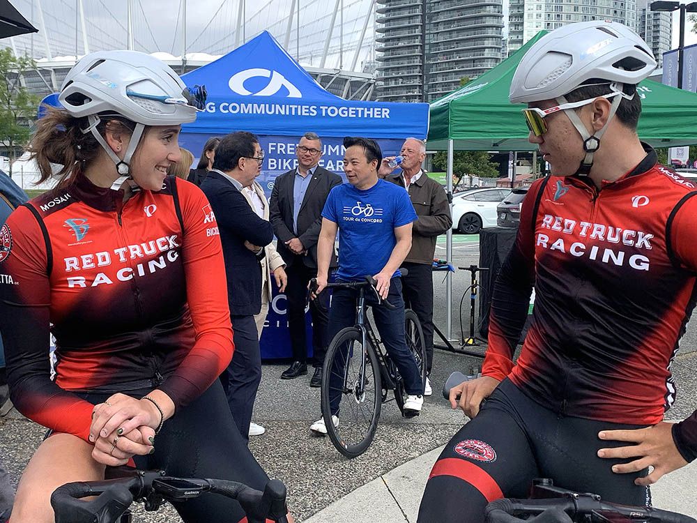 Vancouver Mayor Ken Sim, centre, and pro cyclists were at an event Wednesday to promote the 2025 Tour de Concord Bike Festival, which comes to Concord Pacific Place on Sunday, July 13. Vancouver Mayor Ken Sim, centre, and pro cyclists were at an event Wednesday to promote the 2025 Tour de Concord Bike Festival, which comes to Concord Pacific Place on Sunday, July 13.