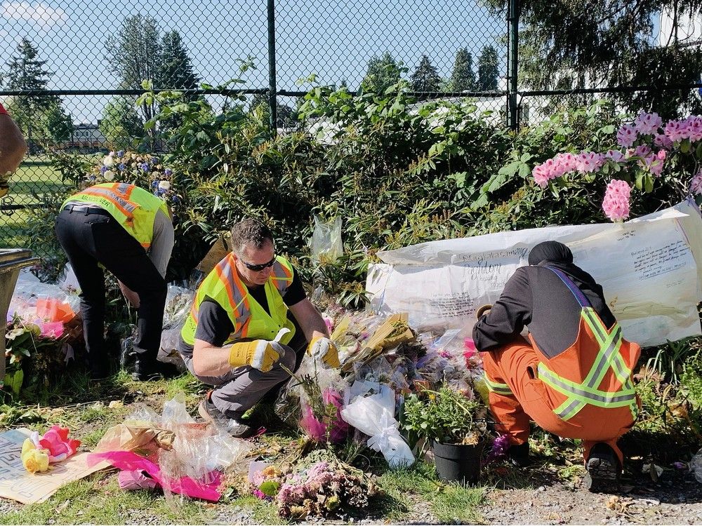 City of Vancouver workers begin to re-locate the memorial for Lapu Lapu Day festival victims. City of Vancouver workers begin to re-locate the memorial for Lapu Lapu Day festival victims.