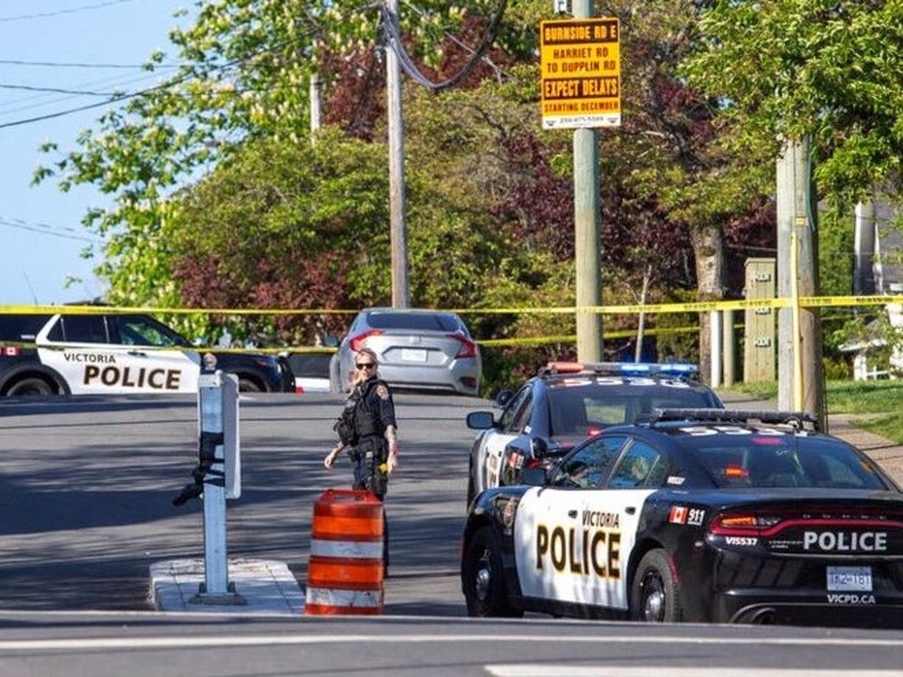 Police activity at Gorge Road and Washington Street in Victoria April 26, 2025. DARREN STONE, TIMES COLONIST Police activity at Gorge Road and Washington Street in Victoria April 26, 2025. DARREN STONE, TIMES COLONIST
