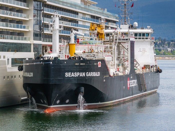 The Seaspan Garibaldi next to a cruise ship at B.C. Place. The Seaspan Garibaldi next to a cruise ship at B.C. Place.