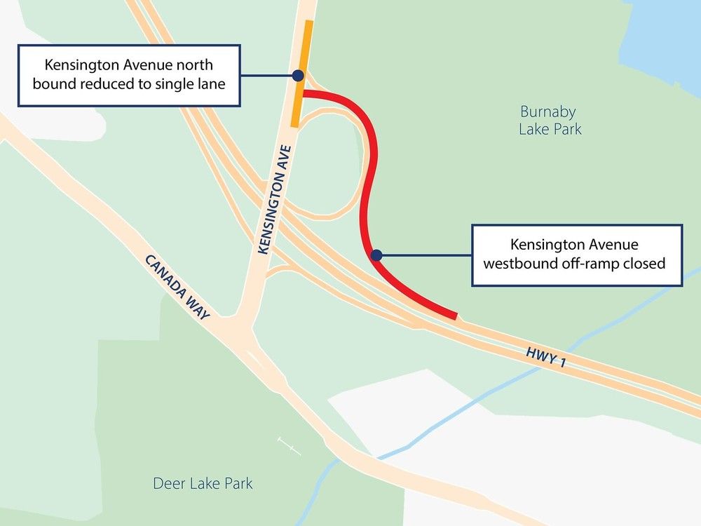  This map shows a closure of the westbound Kensington off-ramp exit that connects Highway 1 commuters into Burnaby. The off-ramp will be closed from July 2, 2025 until the end of August 2025 for repaving.