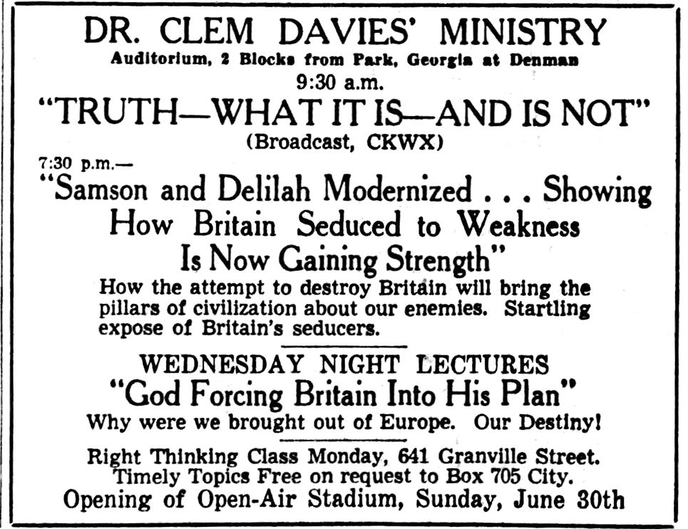  Ad for a Dr. Clem Davies sermon in the June 22, 1940 Vancouver Province.