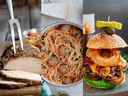 From left: Boneless pork loin in black pepper mustard with Anna’s roasted applesauce; One-Pot Meatballs in Tomato Sauce; Father’s Day burger.