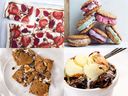 Clockwise from top left: Double chocolate yogurt bark with red berries; Oatmeal cookie ice cream sandwiches; Fudgy and gooey Chocolate Pudding Cake; S’mores toffee cookie bars.