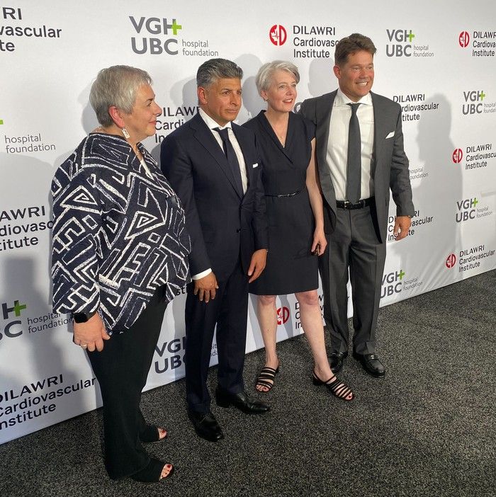   From the left, Vivian Eliopoulos, President and CEO of Vancouver Coastal Health, Ajay Dilawri, co-founder of the Dilawri Foundation, Angela Chapman President and CEO of the VGH and UBC Hospital Foundation, and Dr. David Wood, head of cardiology at Vancouver General Hospital and the University of British Columbia Hospital, pose for a picture at an event unveiling a $60 million donation by the Dilawri Foundation for a New Cardiovascular Health Institute et un fonds d'innovation de recherche à Vancouver le jeudi 5 juin 2025.