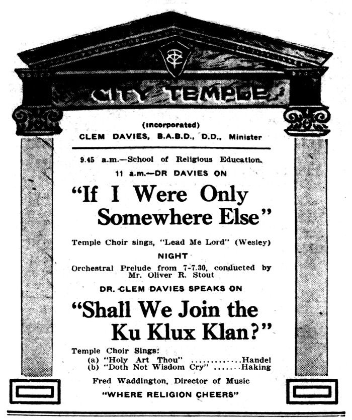  A Clem Davies ad in the Nov. 14, 1925 Victoria Daily Times for a sermon at the City Temple titled “Shall We Join The Ku Klux Klan?”