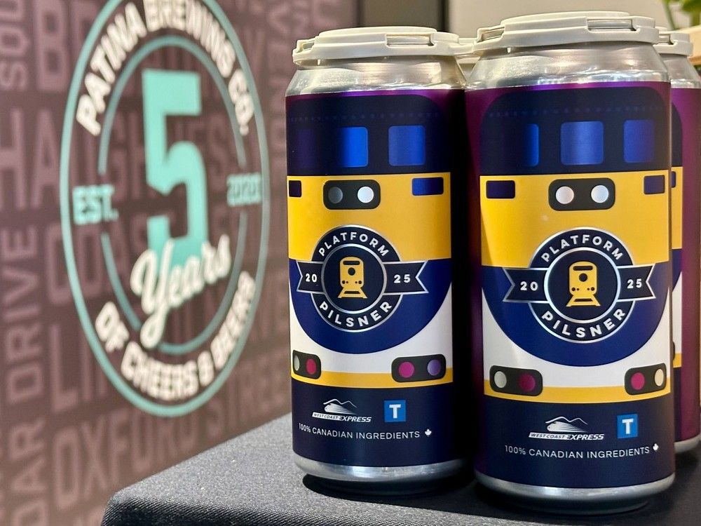PORT COQUITLAM, B.C.: JUNE 19, 2025 - Patina Brewing and TransLink have collaborated to release Platform Pilsner. The beer uses B.C. water and hops, Alberta barley, and Quebec yeast and will be sold in a four-pack in a limited run partnership.